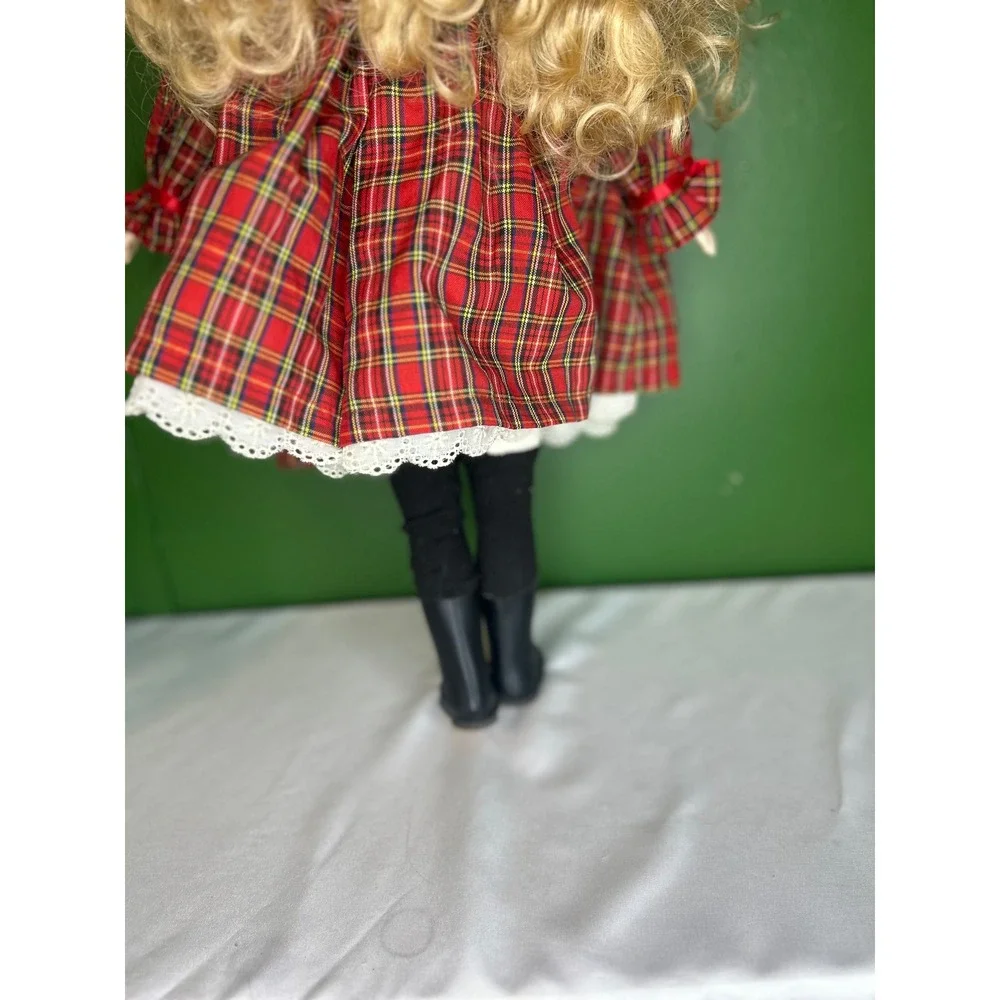 Vintage Porcelain Collectible Doll Blonde Hair Blue Eyes Red Plaid Holiday Dress